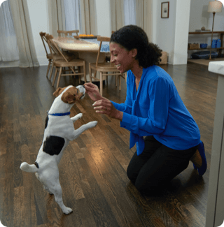 A woman gives her dog NexGard